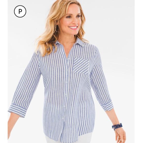 Chicos No Iron Linen Striped Shirt 1 - Picture 1 of 7